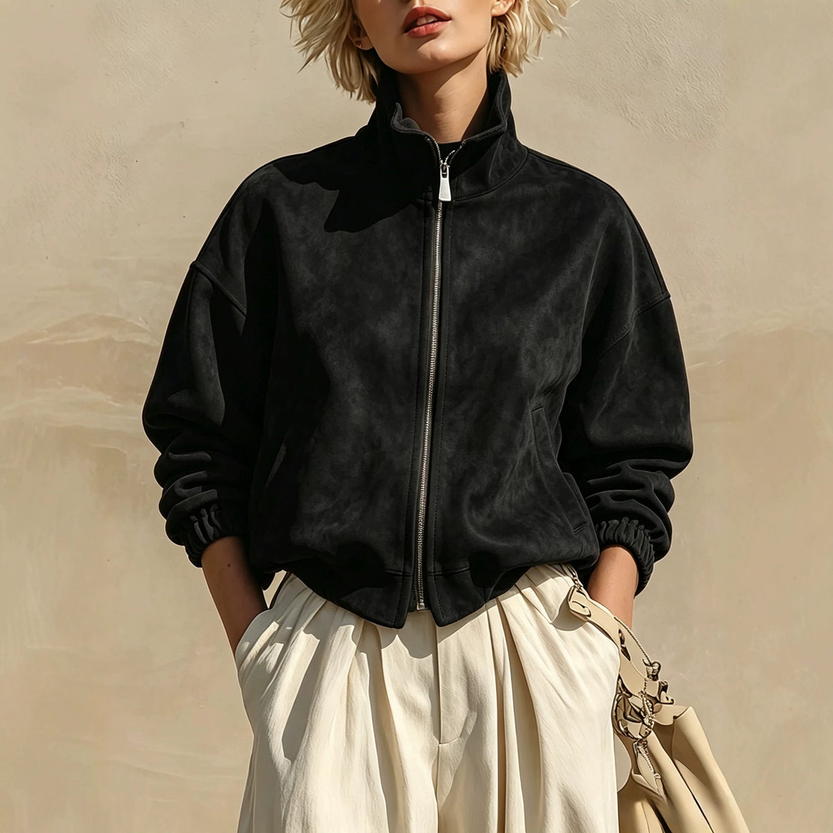 Funnel-Neck Suede Zip Jacket