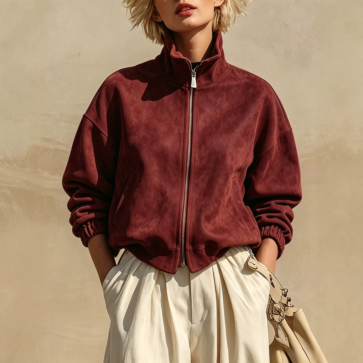 Funnel-Neck Suede Zip Jacket