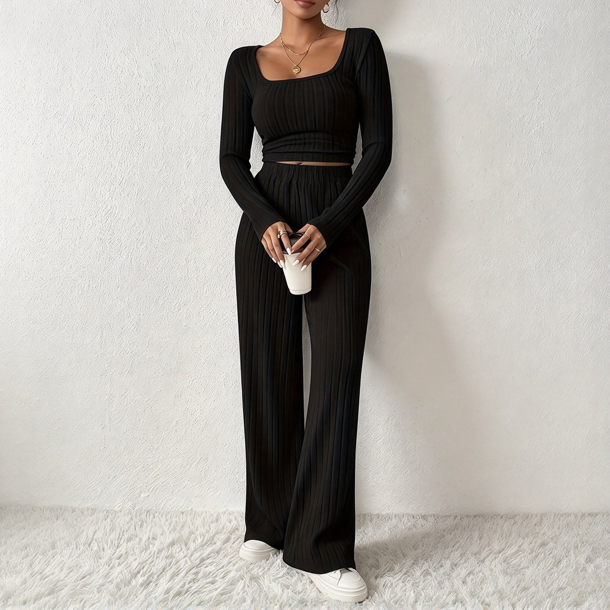 Ribbed Crop Top & Flare Pants Set