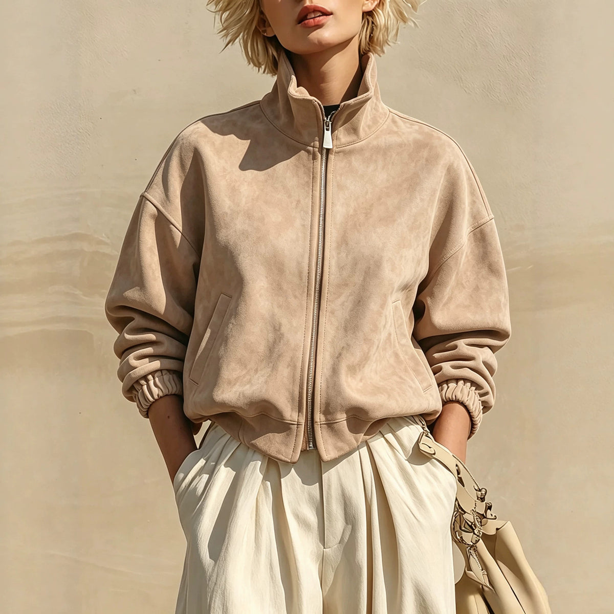 Funnel-Neck Suede Zip Jacket
