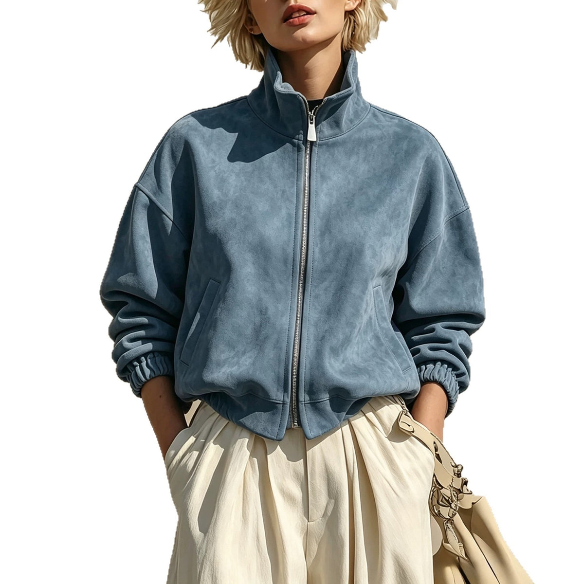 Funnel-Neck Suede Zip Jacket