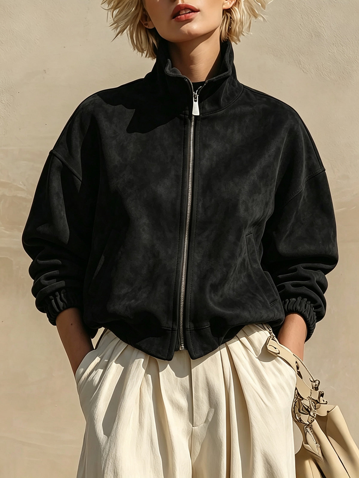 Funnel-Neck Suede Zip Jacket
