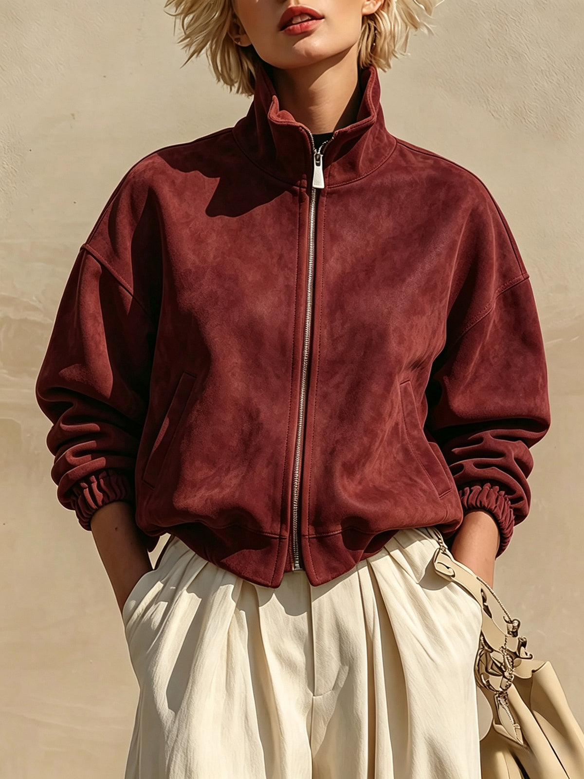 Funnel-Neck Suede Zip Jacket