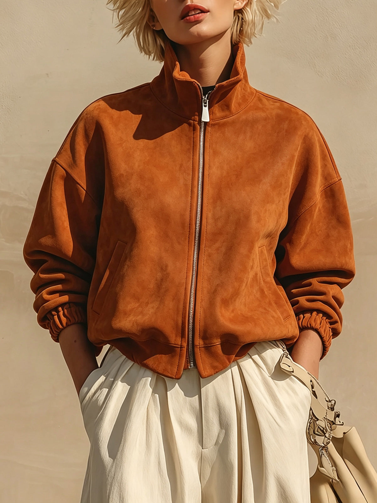 Funnel-Neck Suede Zip Jacket