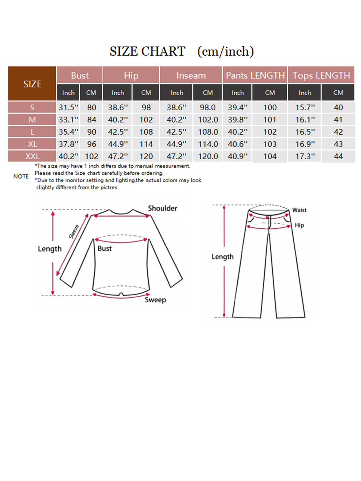 Ribbed Crop Top & Flare Pants Set size chart