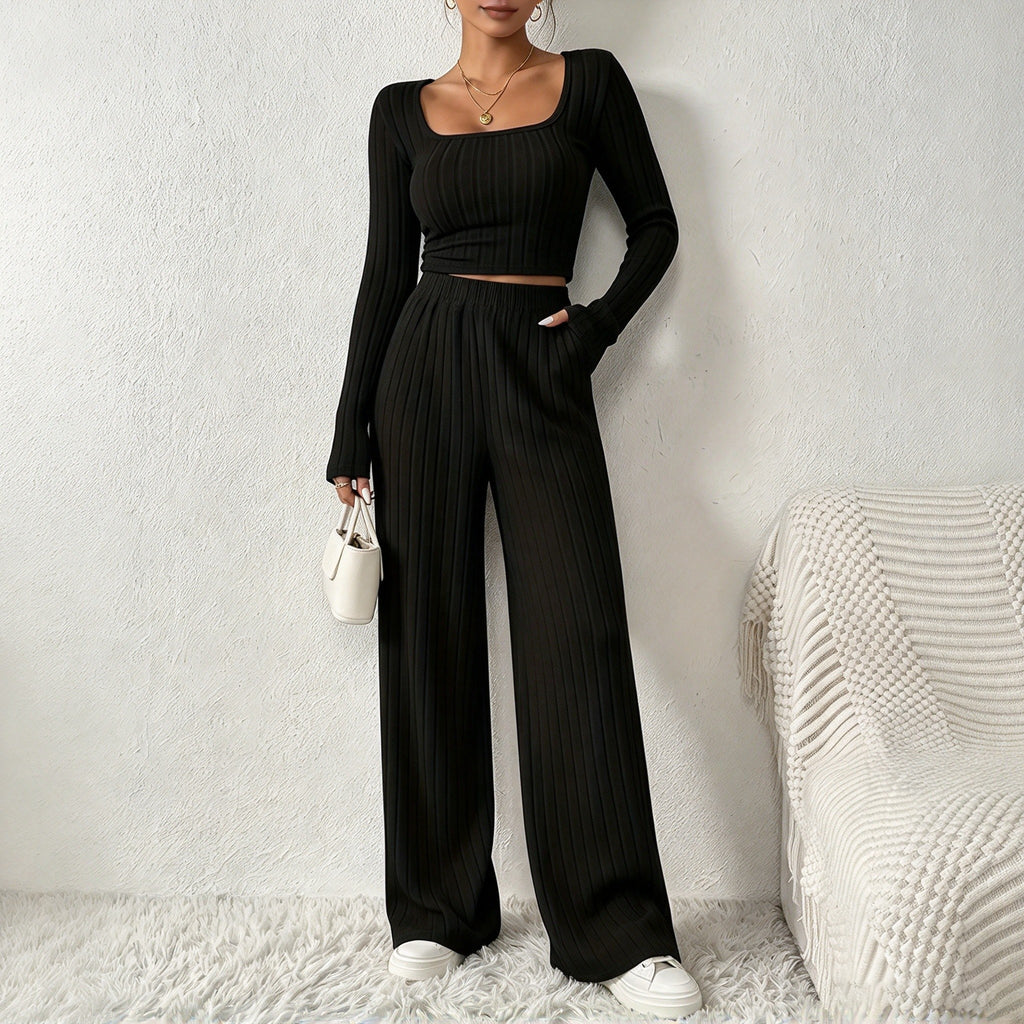 Ribbed Crop Top & Flare Pants Set
