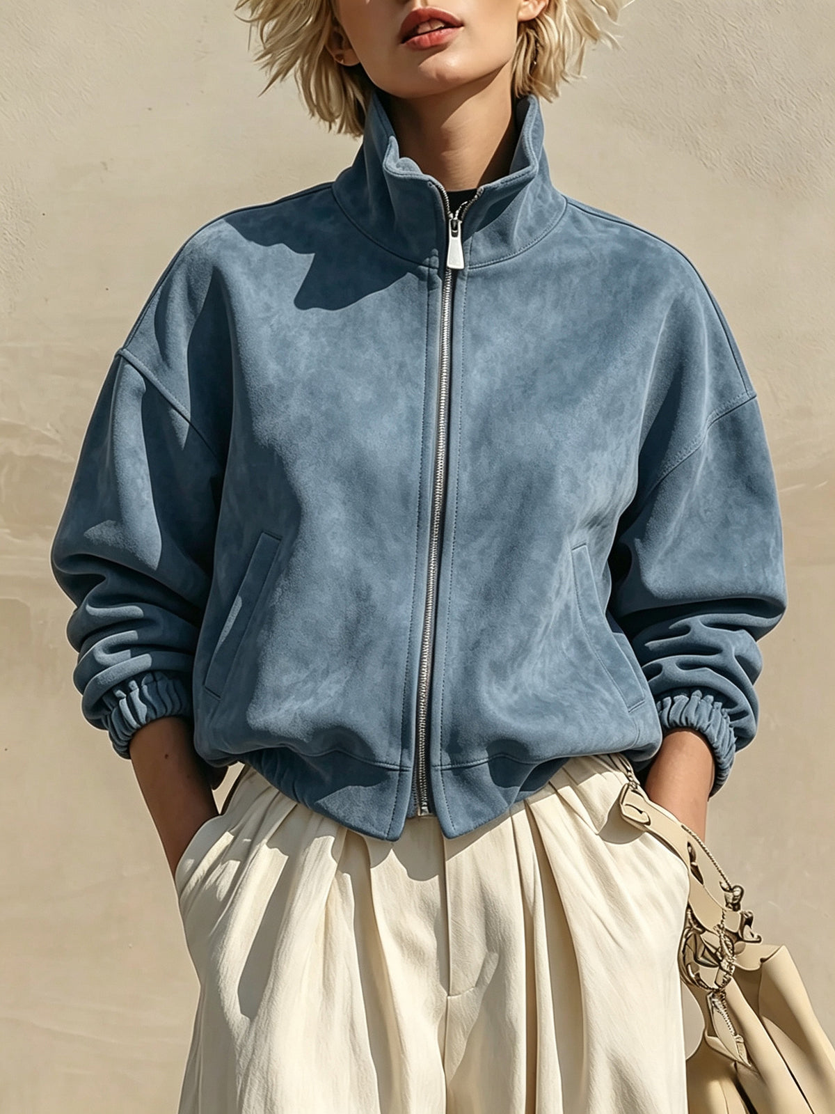 Funnel-Neck Suede Zip Jacket