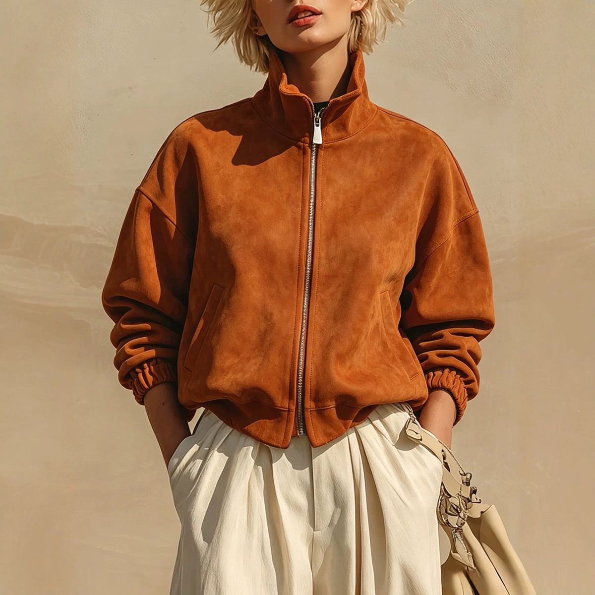 Funnel-Neck Suede Zip Jacket