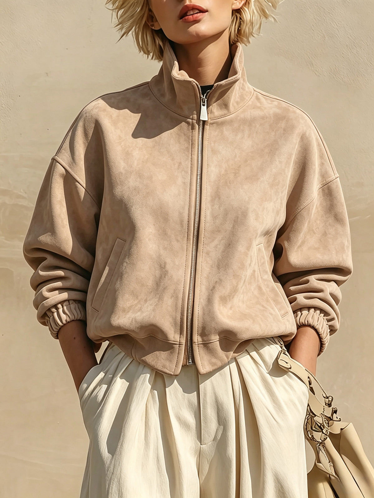 Funnel-Neck Suede Zip Jacket
